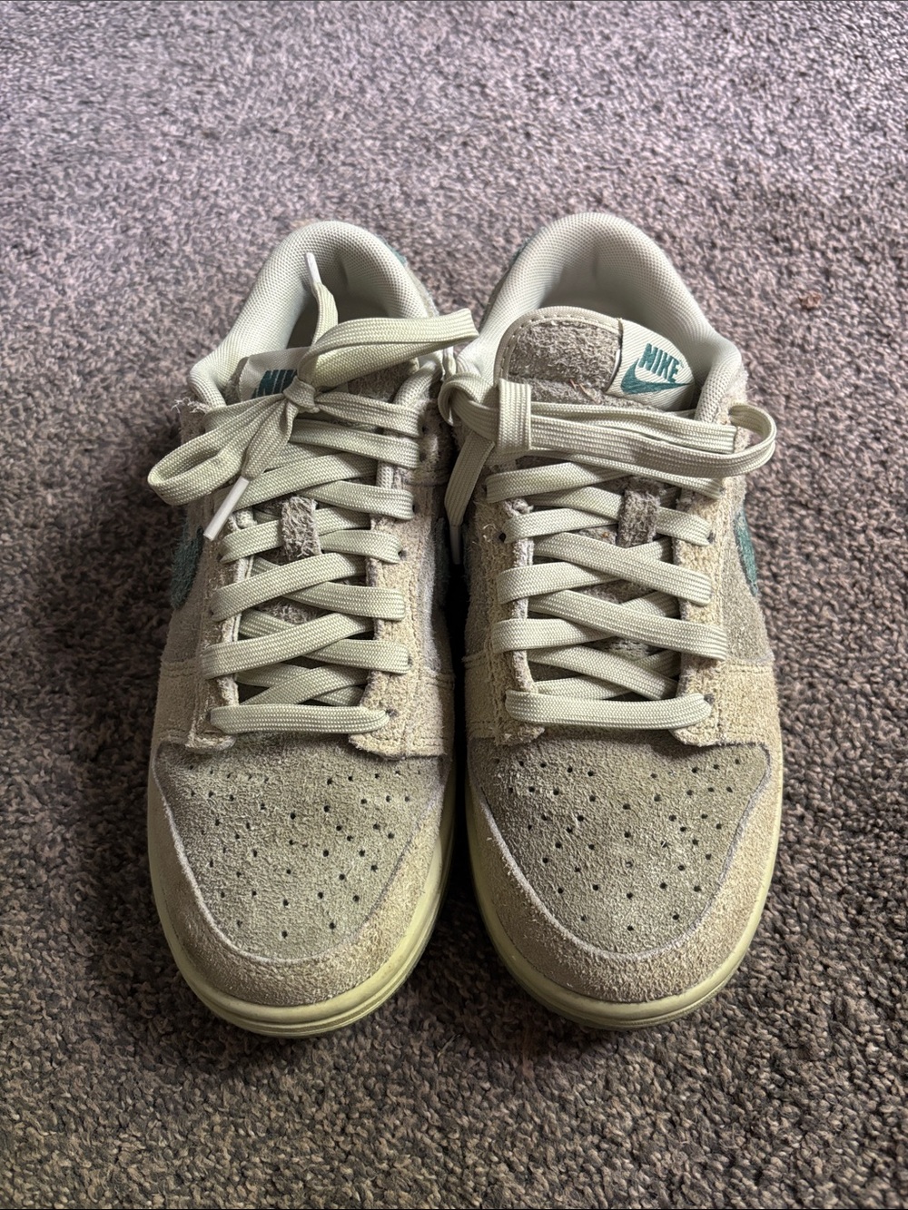 Nike Low-Top Suede Sneakers in Beige with Teal Swoosh